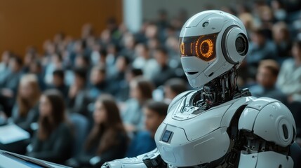 Futuristic ai robot teacher at college lecture with blurred audience
