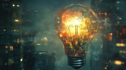 Illuminated lightbulb filled with vibrant ideas and concepts, symbolizing creativity and innovation against a city skyline backdrop.