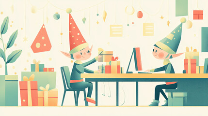 Festive Elves Working at a Gift Desk