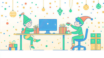 Festive Elves Working at a Gift Desk