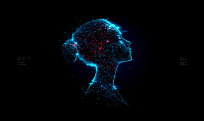 Female silhouette low poly technology background with geometric digital art