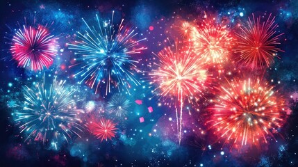 Naklejka premium Vibrant holiday banner showcasing a dazzling display of red, white, and blue fireworks against a deep blue night sky, creating a festive atmosphere.