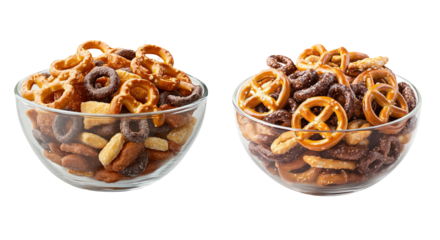 Assorted Snack Mix in Clear Bowls on Transparent Background