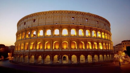 Naklejka premium Majestic Colosseum Illuminated Against Dusk Sky in Rome Cityscape, Capturing Ancient Grandeur