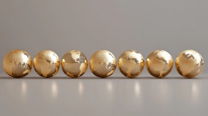 Golden globes representing Earth positioned in a row against a grey background, symbolizing the celebration of Earth Day and environmental awareness.