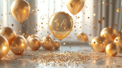 Golden balloon and box design featuring the number 14 for a festive birthday celebration with confetti and glowing accents in a bright setting