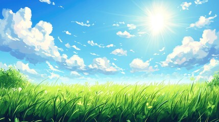 Fototapeta premium Vast green meadow under a bright blue sky with fluffy white clouds and radiant sunlight, capturing the essence of a vibrant summer day.