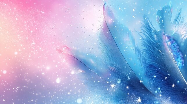 Vibrant abstract background with festive sequins and shimmering stars on colorful feathers in blue and pink, ideal for celebratory themes and designs.