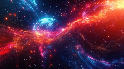 A global network visualized as flowing light trails over a transparent Earth, surrounded by a starry cosmos; digital surrealism, vibrant hues 
