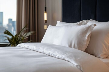 Obraz premium A serene modern bedroom features a plush bed and stylish decor, creating a tranquil environment perfect for relaxation and rejuvenation in urban living.