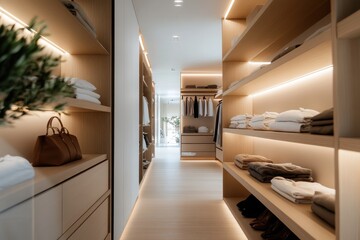 A sleek, modern walk-in closet showcases neatly arranged clothing and bags, presenting an organized and stylish storage space for fashion enthusiasts.
