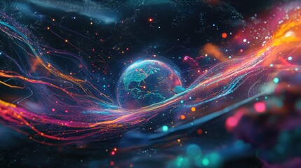 Fototapeta premium A global network visualized as flowing light trails over a transparent Earth, surrounded by a starry cosmos; digital surrealism, vibrant hues 