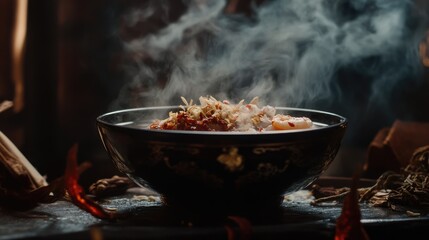 A steaming bowl of spicy shrimp soup set against a backdrop of Thai spices and herbs, emphasizing the rich flavors and culinary heritage of the dish