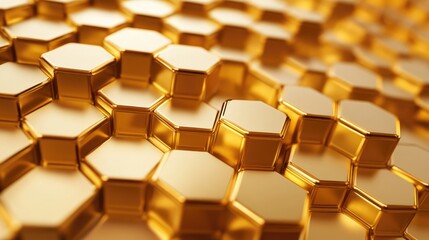 3D rendered abstract golden hexagonal honeycomb texture perfect for technology themes and business presentations with a sleek, modern design.