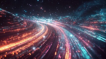 Obraz premium A global network visualized as flowing light trails over a transparent Earth, surrounded by a starry cosmos; digital surrealism, vibrant hues 