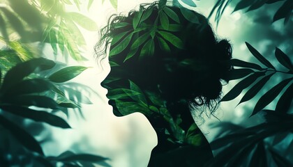 A captivating silhouette of a human profile, entirely composed of lush green leaves and plants, glowing softly against a light background, emphasizing environmental themes