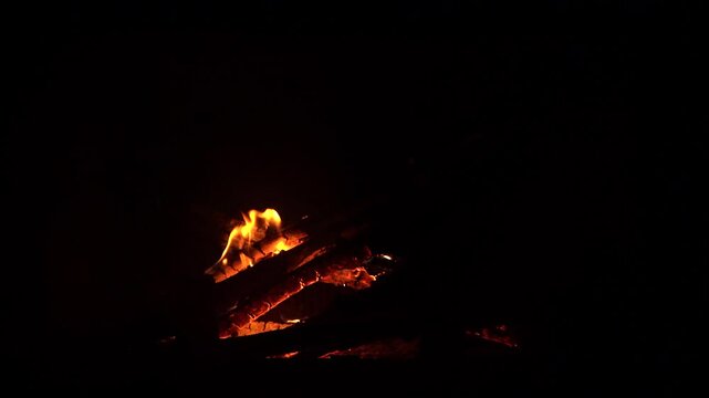 The fireplace in the house burns like a bonfire on natural wood and branches from the forest. The fire is actively burning, a tree falls and flares up