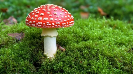 A single red and white fly agaric mushroom standing tall in a bed of green moss surrounded by a misty woodland