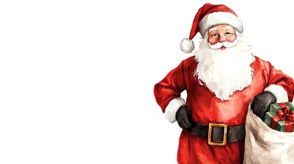 A jolly Santa Claus in a red outfit, holding a gift-laden sack, embodies the festive spirit of Christmas.