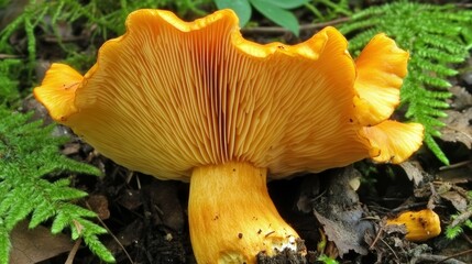 A close-up of a golden chanterelle mushroom surrounded by damp forest debris with a faint beam of sunlight