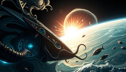 A close-up view of an alien spacecraft with intricate organic designs resembling a giant sea creature. The ship is partially submerged in a liquid atmosphere of swirling colors with tentacle-like.