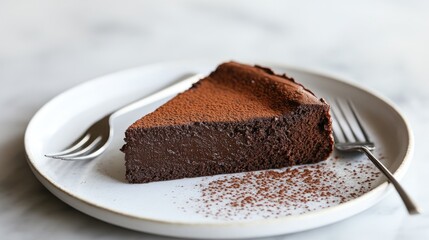 A tempting slice of chocolate cake, with creamy frosting and a dusting of cocoa powder, set on a white plate with a fork beside it, evoking indulgence