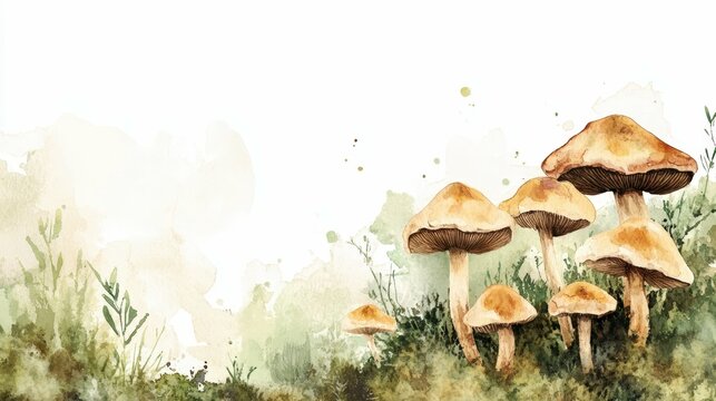 A whimsical watercolor painting of porcini mushrooms in earthy brown tones set against subtle mossy green splashes copy white space in center