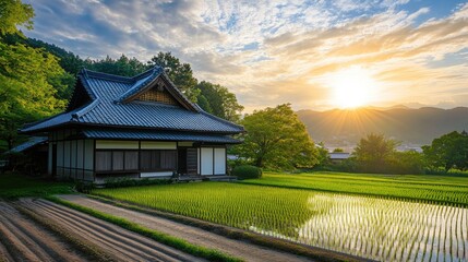 Obraz premium A traditional Japanese farmhouse with rice fields in the background, showcasing the harmony between the structure and its natural surroundings