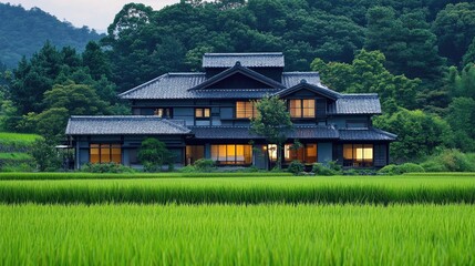 A traditional Japanese farmhouse with rice fields in the background, showcasing the harmony between the structure and its natural surroundings