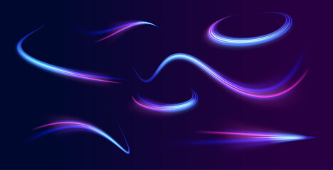 Speed of light concept background. Abstract background rotational border lines, png, effect, wave,neon,line. Neon stripes in the form of drill, turns and swirl. 