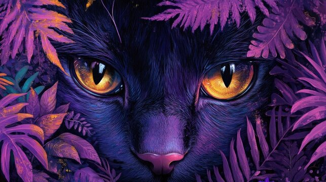 Mystical black cat gazes from a lush purple jungle surrounded by vividly colored foliage and golden eyes that captivate and intrigue.