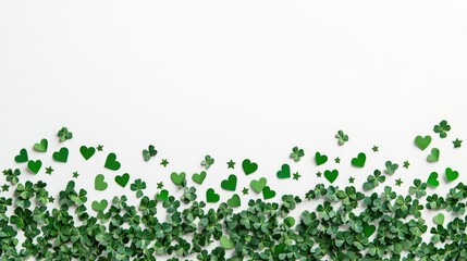 Flat lay design of green hearts and shamrock symbols with star confetti on a white background for a vibrant holiday celebration card
