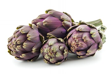 Three artichokes with varying sizes, showcasing their unique purple and green hues.