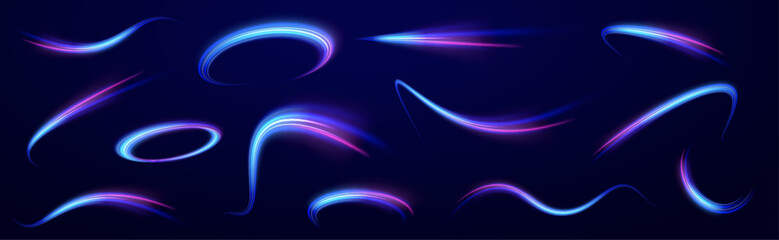 Light trail wave, fire path trace line, car lights, optic fiber and incandescence curve twirl. Big data traffic visualization, dynamic high speed, png, effect. Vector glowing lines air flow effect. 