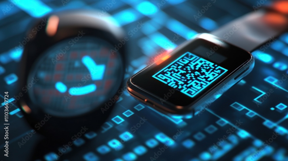 Poster close-up of digital smartwatch displaying qr code on a futuristic interface