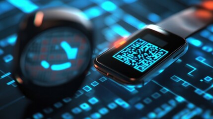 Close-Up of Digital Smartwatch Displaying QR Code on a Futuristic Interface