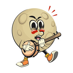 Moon mascot character illustration playing the banjo musical instrument, cartoon mascot isolated, work of hand drawn