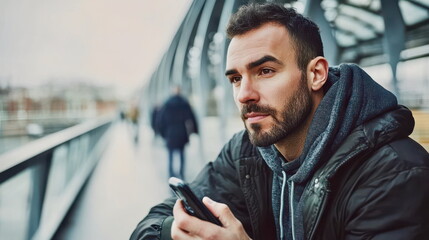 Man unlocking his smartphone with fingerprint authentication, focused look, secure access