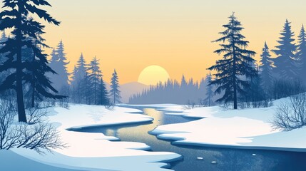 Winter sunrise illuminating a frozen river, surrounded by silhouetted forest trees, creating a serene and picturesque snowy landscape.