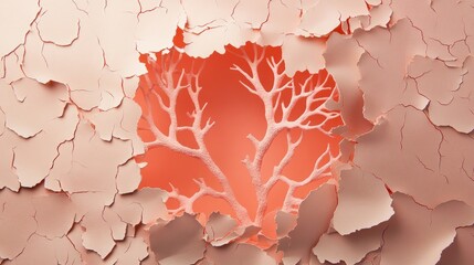 Torn coral paper revealing an intricate tree pattern beneath, creating a unique backdrop for hidden messages or creative displays.