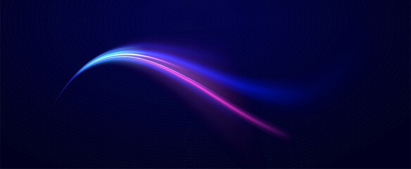 Light arc in neon colors, in the form of a turn.  Creative vector illustration of flying cosmic meteor, planetoid, comet, fireball isolated on transparent background. Effect, png, wave,neon,line.