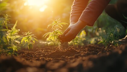 Fototapeta premium A person kneeling in a sunny garden, planting a young cannabis seedling into rich soil, with the sunlight filtering through, symbolizing the nurturing of nature