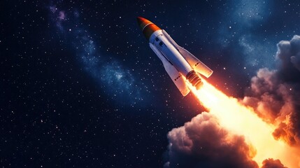 Rocket ascending through a star-filled sky, with a powerful orange flame igniting from its boosters, symbolizing the spirit of space exploration.