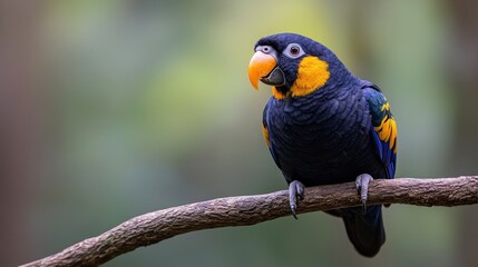 Obraz premium Vibrant Tropical Parrot Perched on Branch in Lush Green Environment