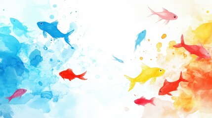 Fototapeta premium A playful watercolor painting of fish in tropical colors like red blue and yellow swimming with soft watery splashes copy white space in center