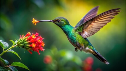 Fototapeta premium Low Light Photography of a Green Hermit Hummingbird Hovering While Drinking Nectar from a Vibrant Flower in a Lush Rainforest with Captivating Colors in the Background