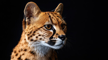 Obraz premium Close-up portrait of a cheetah in a studio with sharp details and dark background highlighting its majestic nature