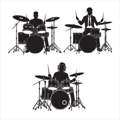 Fototapeta premium set of black drummer musician drumming drums vector silhouettes