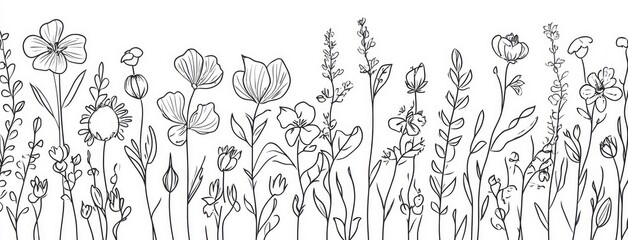 Fototapeta premium FloralArt, WildflowerDrawing, BotanicalIllustration, LineArt, MinimalistArt, FloralSketch, HandDrawnFlowers, ElegantArt, BotanicalLineArt, BlackAndWhiteArt, NatureIllustration, ArtPrints, FloralDecor,