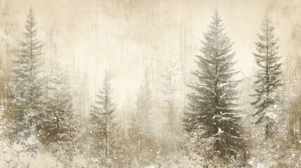 Fototapeta premium Rustic winter forest scene showcasing snow-covered trees, vintage textures, and a nostalgic holiday atmosphere with natural wood patterns.